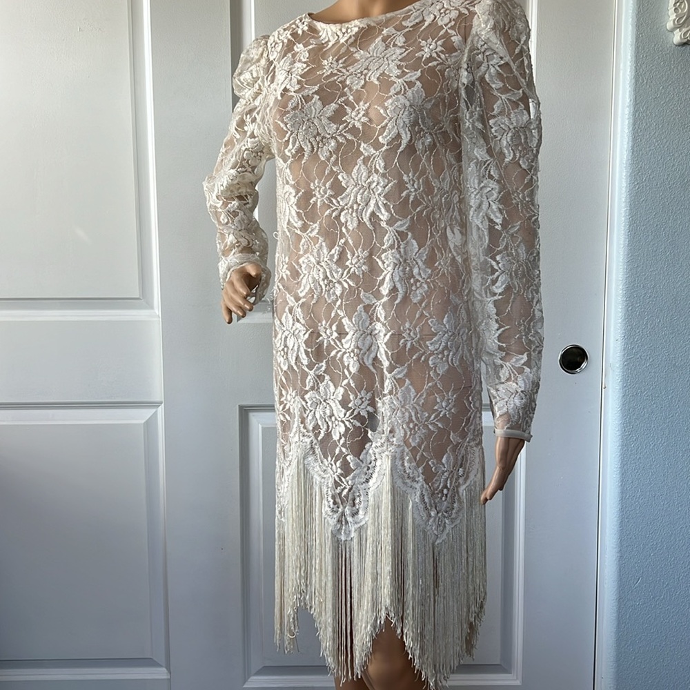 Vtg 90s completely SHEER ivory lace dress with 8” fringe M